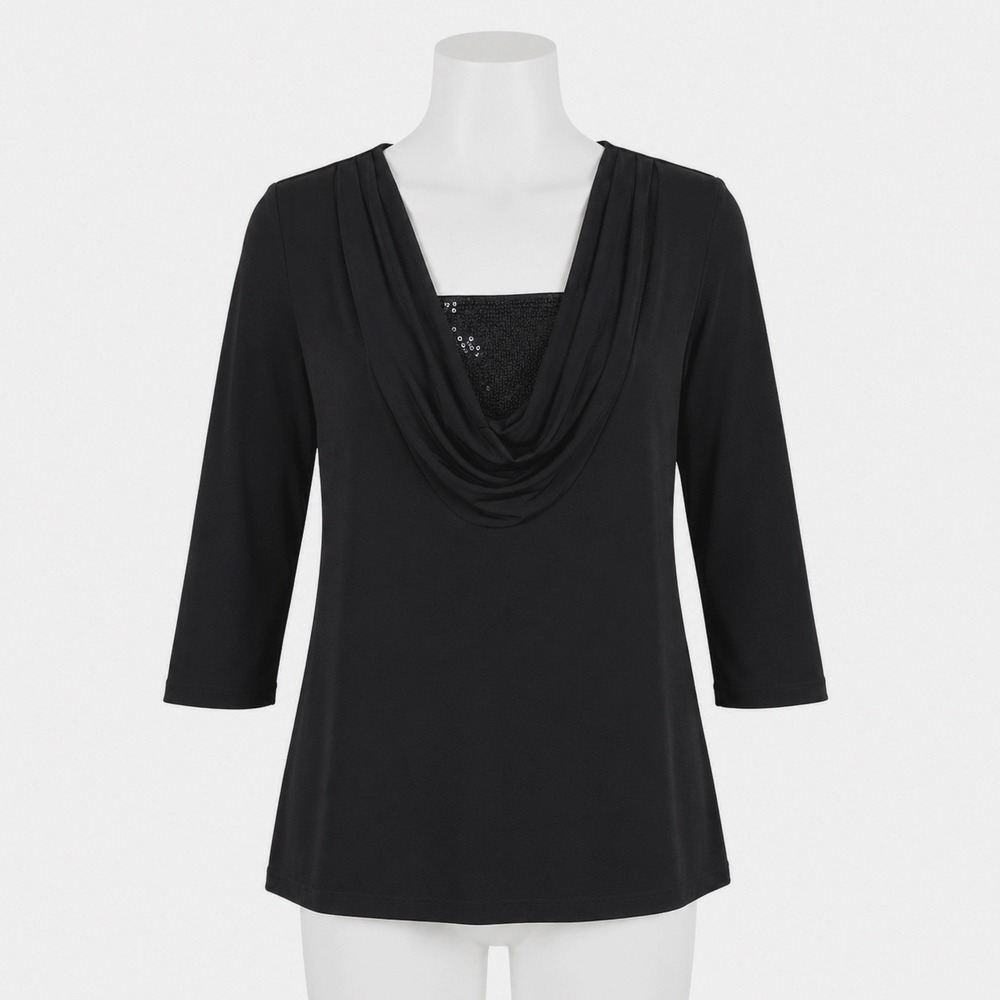 Slinky Brand Top Women S Black Cowl‎ Neck Sequin Inset 3/4 Sleeve Stretch Blouse